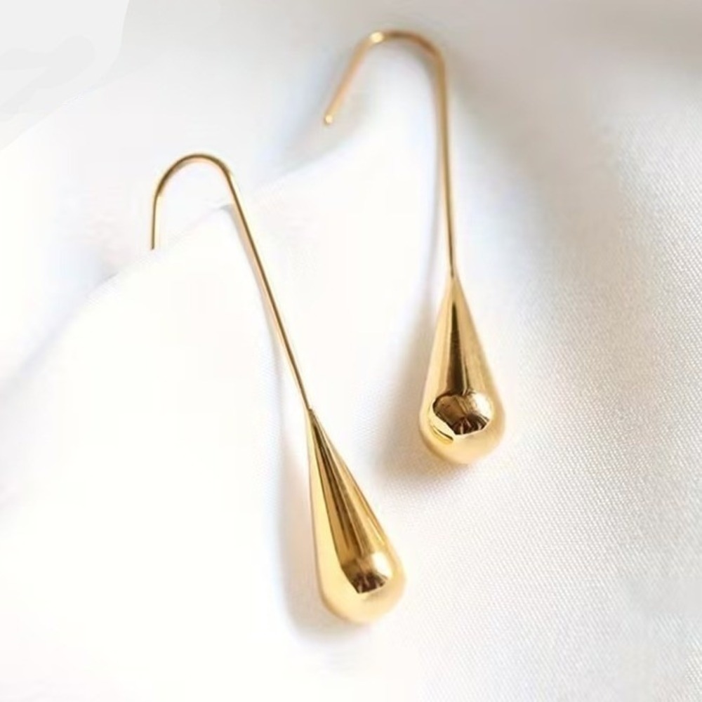 Gold Teardrop Earrings 304 Stainless Steel Long Hook Dangle Water Drop 4cm